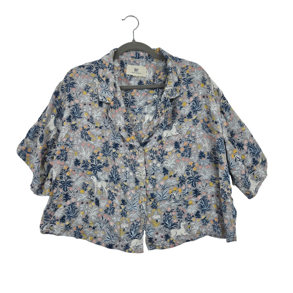Printfresh Womens Grey Unicorn Floral Viscose Cropped Button PJ Shirt Boxy M